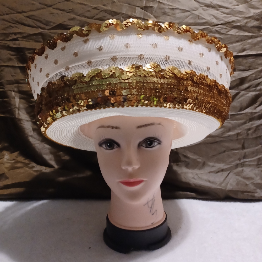 Vintage Deborah New York White With Gold Sequins Church Derby Elegant Fancy Hat
